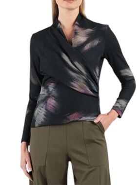 Clara Sun Woo Ruched Surplice Knit Sweater Top Size XL Shadow Brush Black Multi